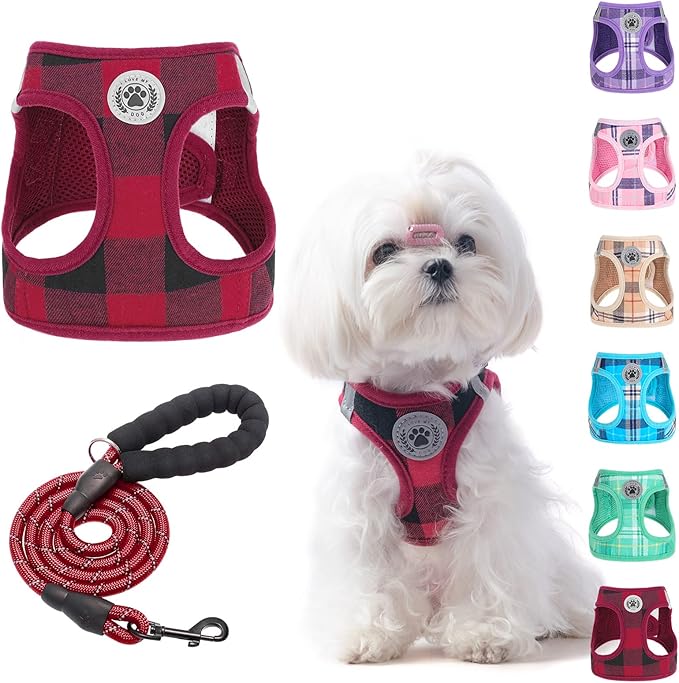BEAUTYZOO Small Dog Harness and Leash Set,Step in No Chock No Pull Soft Mesh Dog Harnesses Reflective for Extra-Small/Small Medium Puppy Dogs and Cats, Plaid Dog Vest Harness for XS S Pets, Red S