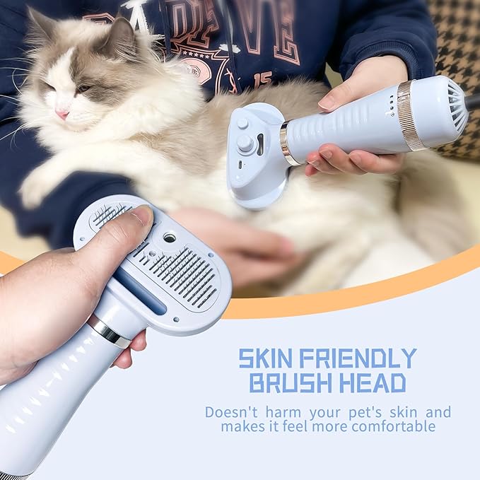 Spray Cat Brush for Shedding Pet Hair Dryer with Slicker Brush - Home Grooming Furry Portable Drying Blower for Short Straight Hair Cat - 3 in 1 Cleaning Brush for Cats and Dogs (BLUE)