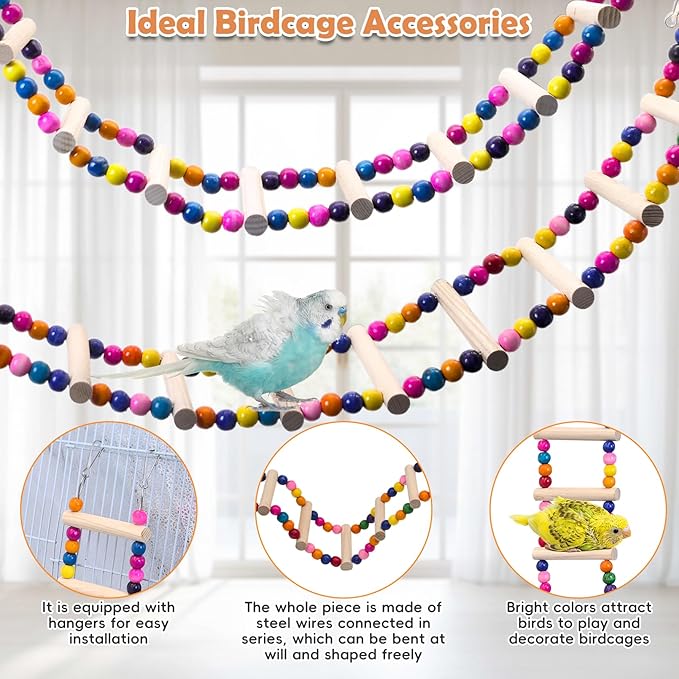PINVNBY 2 PCS Extra Large Bird Ladder Toys, Wooden Parakeet Swing Toys with Colored Beads, Bird Cage Accessories for Parrot Macaws African Greys Conure Cockatiel (25.6''-10 Steps and 39.3''-18 Steps)