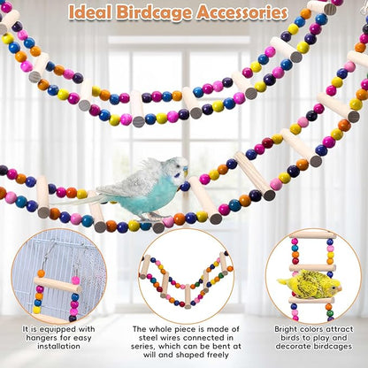 PINVNBY 2 PCS Extra Large Bird Ladder Toys, Wooden Parakeet Swing Toys with Colored Beads, Bird Cage Accessories for Parrot Macaws African Greys Conure Cockatiel (25.6''-10 Steps and 39.3''-18 Steps)