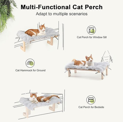 FUKUMARU Cat Window Perch, Transformable Cat Hammock with Fluffy Cushion for Windowsill and Floor, Cats Window Bed for Large Cats and Kittens, Reinforced Wood and Metal Frame, Easy to Adjust Pet Pech