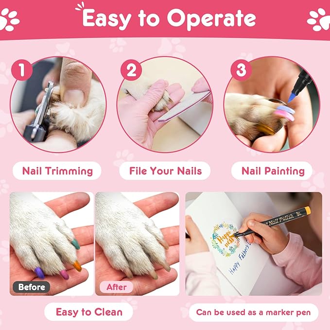 7 Colors Quick Dry Dog Nail Polish Kit Pet Safe Polish Pens for Puppy Nail Art & Paw Care Easy-Apply, Odorless Formula for Dogs & Cats