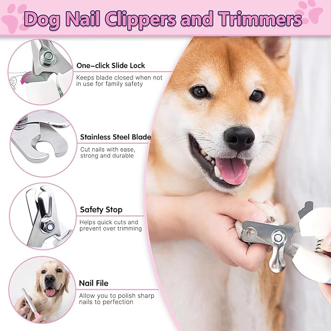 Dog Brush Dog Grooming Kit 6PCS Dog Brush for Shedding-Dog Brushes for Grooming, Dematting Comb for Dogs, Cat & Dog Nail Clipper with Nail File, Flea Comb, Dog Bath Brush-Pink