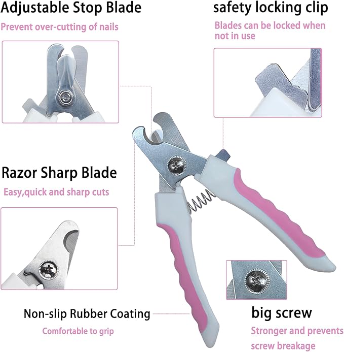5Pcs Dogs and Cats Grooming Nail Clippers Kit Pet Claws Nail Clipper Trimmers, with Protective Guard Lock to Avoid Over Cutting, Professional Trimmers for Large and Small Cat and Dog Animal. (Pink)