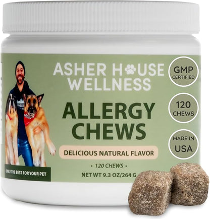 Asher House Wellness Dog Allergy Chews - All-Natural Itchy Skin Relief for Dogs with Bee Pollen, Colostrum - Licking Paw Treatment, Allergy Medicine for Dogs Over 12 Weeks, 120 Chews