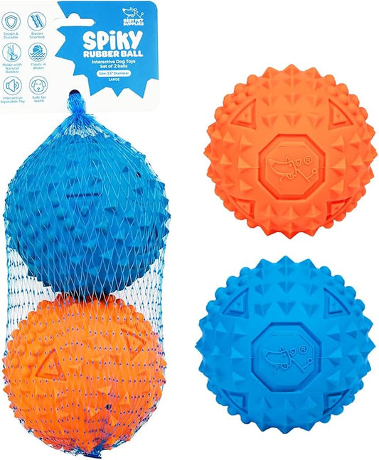 Best Pet Supplies Squeaky Rubber Spiky Ball Dog Toy Durable Non-Toxic Perfect for Aggressive Chewers Spiked for Dental Health Interactive Dog Toy - Pack of 2 - Blue, Orange (L:3.5")