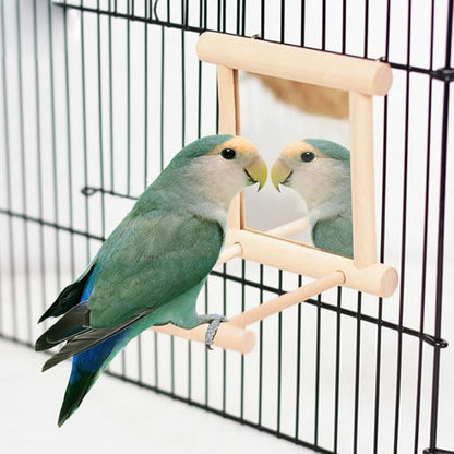 HANZE Bird Mirror Swing with Rattan Ball | Natural Wood Parrot Toy with Metal Hooks for Macaws, Cockatiels, Parakeets, Lovebirds | Safe Chewing & Mental Stimulation