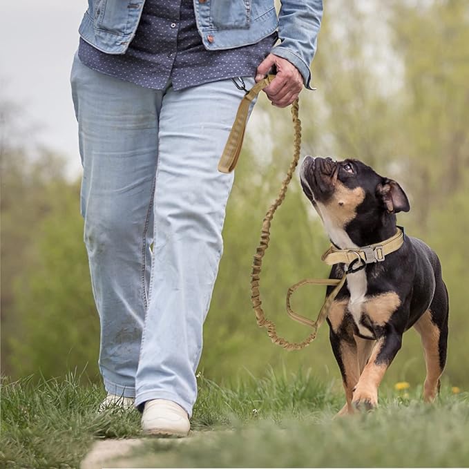 KCUCOP Tactical Dog Collar, Heavy Duty Dog Collar with Handle and Metal Buckle, Military Thick Dog Collars for Medium and Large Dogs(Brown-Reflective Set-XL, 1 Patch)