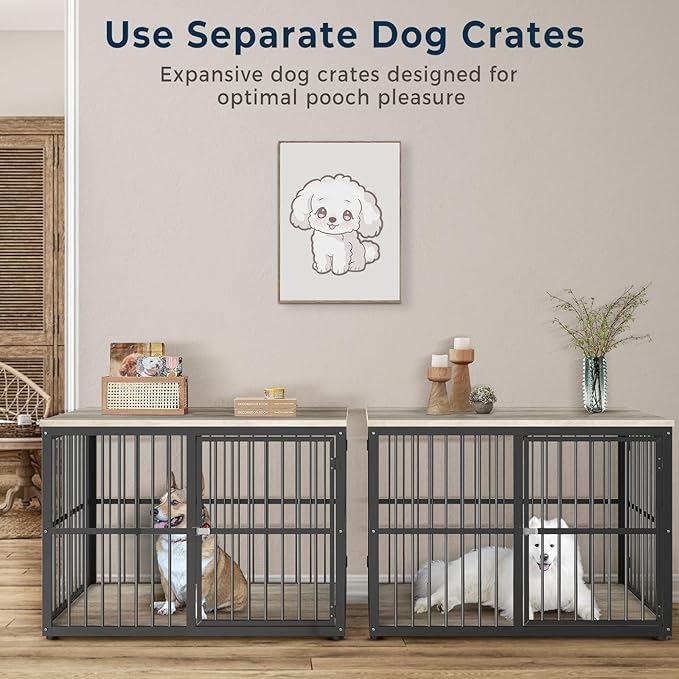 86.62''Dog Crate Furniture Large Breed TV Stand with Double Rooms,Wooden Dog Kennel Dog Crate End Table with Removable Divider for Large Medium Dogs, Can Use Separately