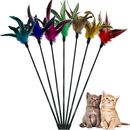 Cat Wand Toy Feather Stick Cat Toys, 7 Pieces Interactive Cat Toy Feathers Wand for Indoor Cats