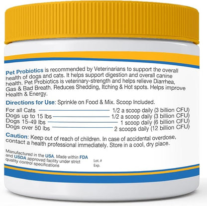 Probiotics for Dogs and Cats - Max-Strength with15 Strains Pre &Probiotics Digestive Health, Increase & Maintain Proper Gut Flora(Made in USA) 7.4 Oz (6 Billion CFU Per Scoop)