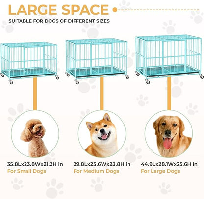 Blue 48 in Heavy Duty Dog Crate Steel Escape Proof, Indoor Double Door High Anxiety Cage, Removable Tray, Kennel with Wheels,XL XXL