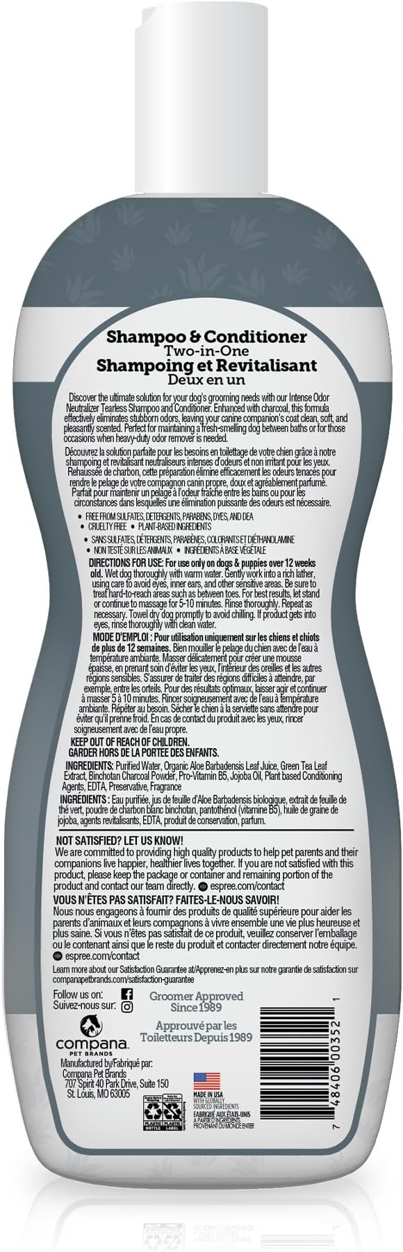 Espree Intense Charcoal Odor Neutralizer Dog Shampoo & Conditioner, Eliminates Stubborn Dog Odors, Plant Based Ingredients, 2 in 1, Charcoal-Infused Odor Neutralizer for Dogs, Cruelty-Free, 20oz