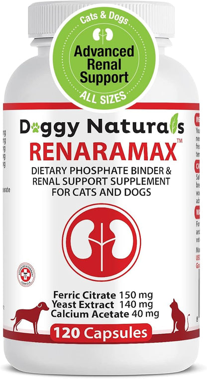 RENARAMAX Dietary Phosphate Binder and Renal Support Supplement for Cats and Dogs Count (Made in U.S.A) (120 Caps)