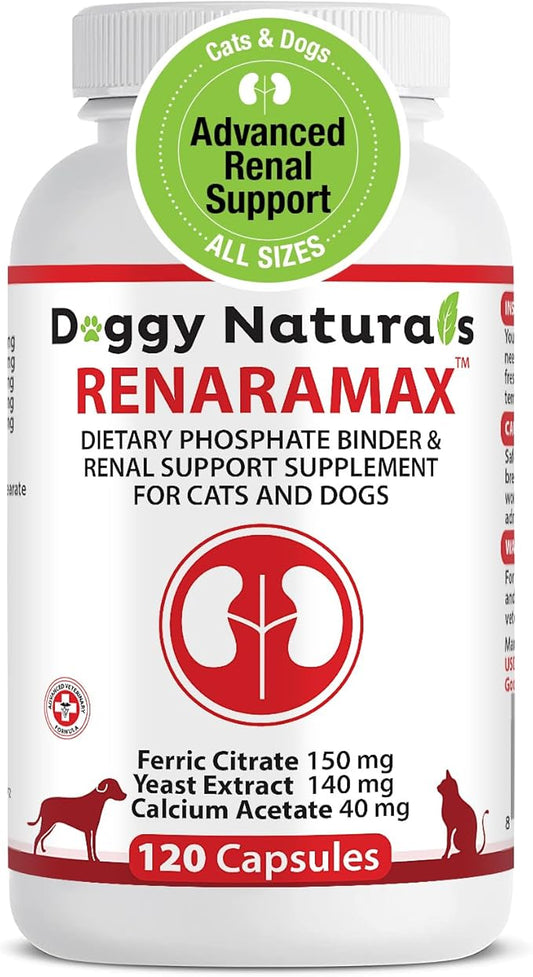 RENARAMAX Dietary Phosphate Binder and Renal Support Supplement for Cats and Dogs Count (Made in U.S.A) (120 Caps)