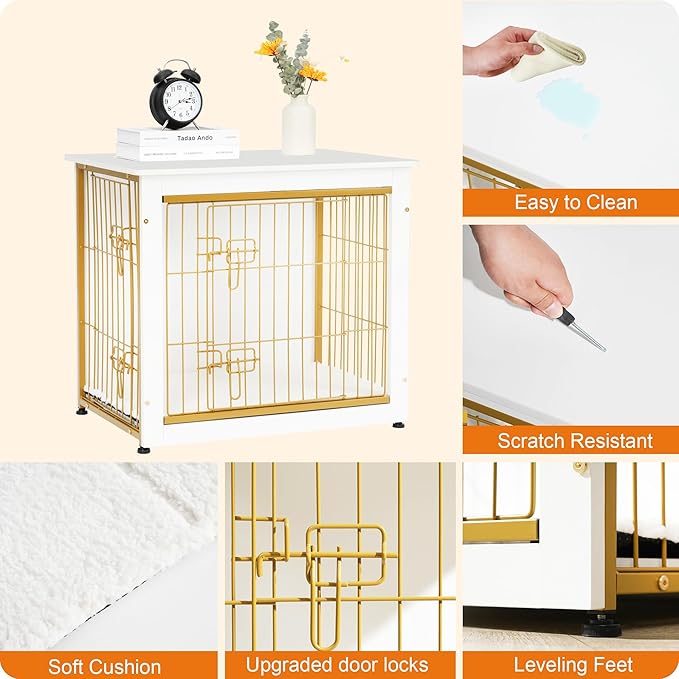 DWANTON Dog Crate Furniture with Cushion, Wooden Dog Crate with Double Doors, Dog Furniture, Dog Kennel Indoor for Small/Medium/Large Dogï¼_nd Table, Small, 27.2" L, White