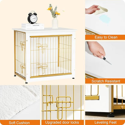 DWANTON Dog Crate Furniture with Cushion, Wooden Dog Crate with Double Doors, Dog Furniture, Dog Kennel Indoor for Small/Medium/Large Dogï¼_nd Table, Small, 27.2" L, White