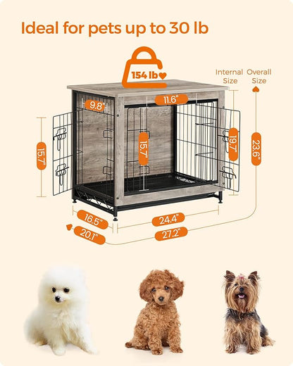 Feandrea Dog Crate Furniture, 27.2" Side End Table, Modern Kennel for Dogs Indoor up to 30 lb, Heavy-Duty Dog Cage with Multi-Purpose Removable Tray, Double-Door Dog House, Greige UPFC001G01