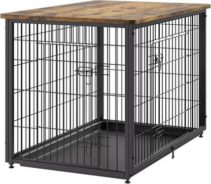 VEVOR 38" Dog Crate Furniture With Double Doors, 2-in-1 Decorative Wooden Kennel End Table, Removable Tray, Holds up to 70 lbs for Small, Medium Dogs - Brown