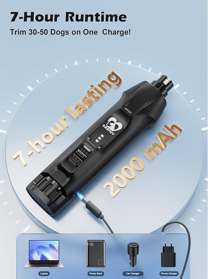 Casfuy 6-Speed Dog Nail Grinder  50%+ Boost Power Dog Nail Trimmers Quiet with Dust Cap & 2 LED Lights & 2000mAh Battery & 4.8V Motor Electric Pet Toenail File Tool for Large Medium Small Dogs Cats