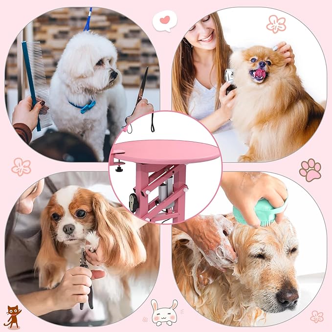 24" Electric Dog Grooming Table, Fast Lift Heavy Duty 360° Rotating Pet Grooming Desk for Small Dogs with Anti Skid Tabletop, Remote, Grooming Set, Tool Organizer, Pink