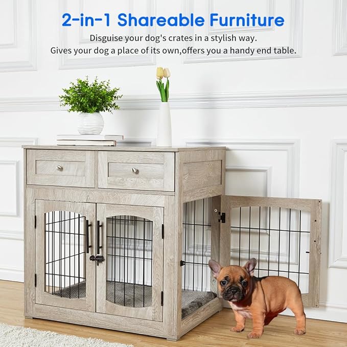 Dog Crate Furniture with Double Drawers, Wooden End Table Dog Kennel, Furniture Style Wood House Crate for Small/Medium/Large Dogs, Decorative Dog Crate with Storage for Large Breed, 32 Inch,Gray