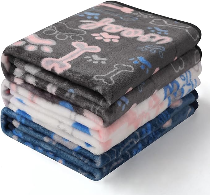 Luciphia 1 Pack 3 Blankets Fluffy Premium Fleece Pet Blanket Flannel Paw Bone Printed Throw for Dog Cat(Small 23"x16", White/Grey/Navy)