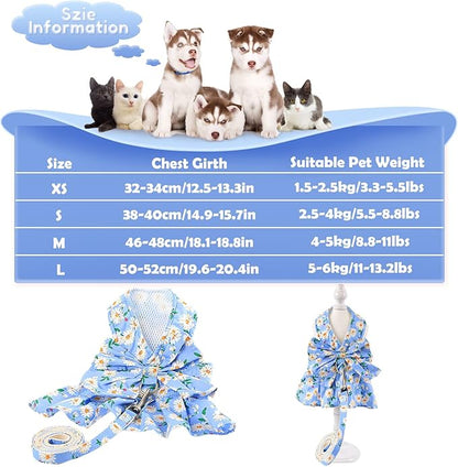 Dora Bridal 2 Pack Dog Dress Harness Vest with Leash, No Pull Cat Small Medium Girl Pet Floral Harness Leash Set, Cute Puppy Fruit Outfit Clothes with Bow, Mesh Princess Costume for Outdoor Walking