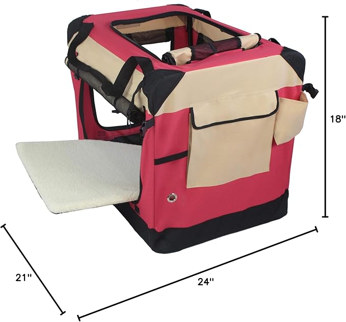 EliteField 4-Door Folding Soft Dog Crate with Curtains, Carrying Bag and Fleece Bed (2 Year Warranty), Indoor & Outdoor Pet Home (24" L x 18" W x 21" H, Red+Beige)