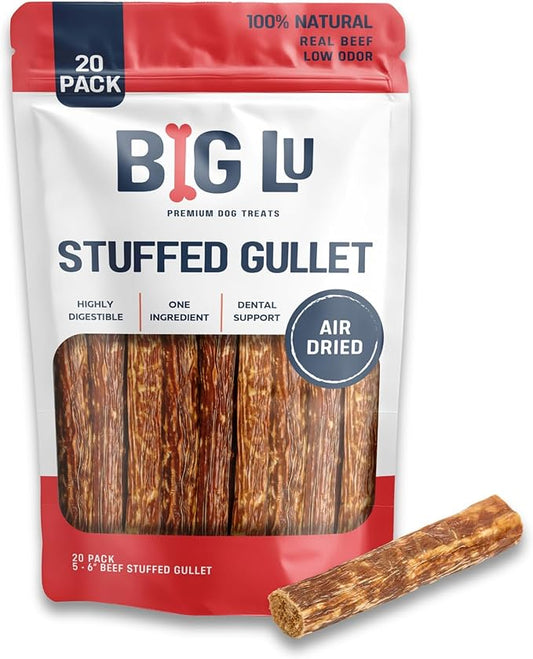 Big Lu - 6-Inch Stuffed Gullet Sticks, 20 Count, Premium Beef Dog Treats, All-Natural, High-Protein, Easily Digestible Chews for Dogs, Supports Dental Health and Joint Mobility