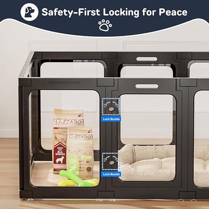 Acrylic Dog Playpen Indoor, 10 PCS Plastic Puppy Playpen with Door, Clear PlayPen for Dog Cat Rabbit Ferret, Preferable Small Dog Cage, Easy Assemble Pet Pen, 50" L x 33.5" W x 24" H, Black