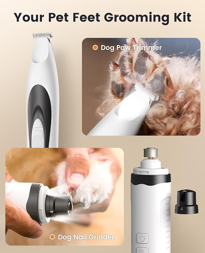 oneisall Dog Clipper Low Noise, Dog Grooming Kit with Rechargeable Quiet Dog Trimmer for Paws Dog Nail Grinder Paw Trimmer with 2 LED Lights