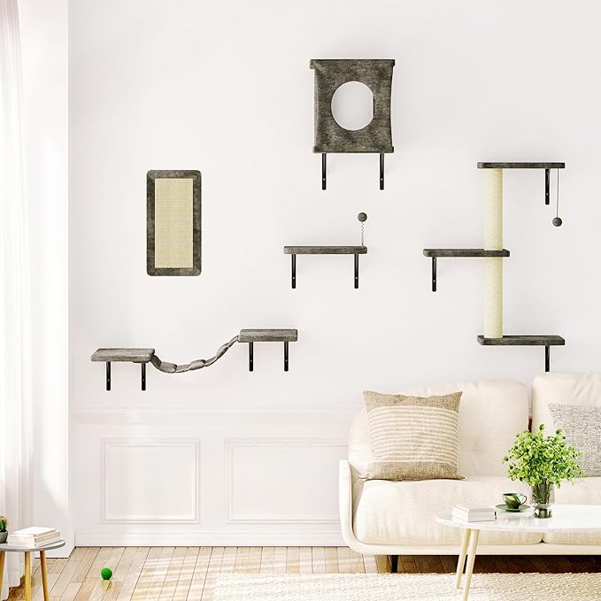 NUNU LAB Cat Wall Shelves, 10-in-1 Wall-Mounted Cat Furniture Set, Large Cat Climber Set with House, Bridge, Steps, Scratcher, DIY Playground, Shelves for Indoor Wall Furniture Set - Gray