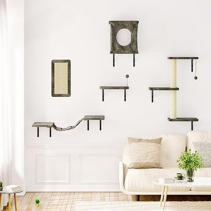 NUNU LAB Cat Wall Shelves, 10-in-1 Wall-Mounted Cat Furniture Set, Large Cat Climber Set with House, Bridge, Steps, Scratcher, DIY Playground, Shelves for Indoor Wall Furniture Set - Gray