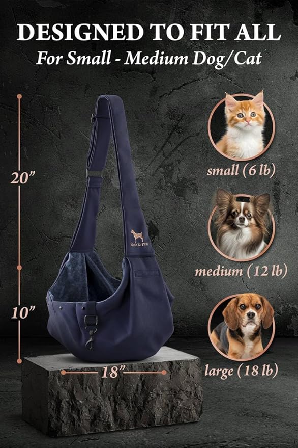 Noah & Paw Dog Sling Carrier for Small Dogs 5-18lb, Dog Sling for Small Dogs and Cats, Dog Carrier with Adjustable Padded Strap, Premium Twill, Lined with Fur, Double Safety Feature, Machine Washable
