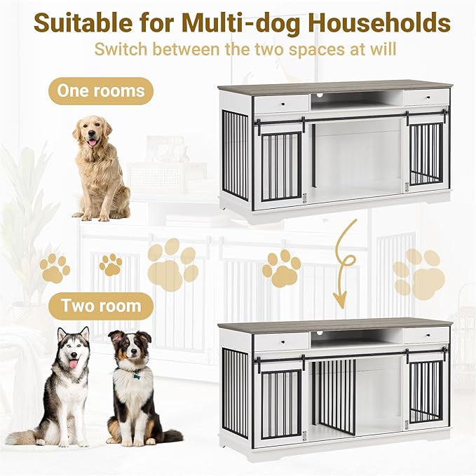 Rovibek 66" Double Dog Crate Furniture, Large Dog Kennel Furniture TV Stand for 2 Dogs, Furniture Style Dog Crates End Table, Wood Crates for Dogs White