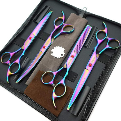 7.0in Titanium Rainbow Professional Pet Grooming Scissors Set,Straight & Thinning & Curved Scissors 4pcs Set for Dog Grooming,(Rainbow)