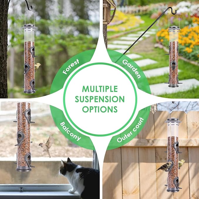 MIXXIDEA 2PK Metal Bird Feeders with 6 Feeding Ports,Tube Bird Feeder with Steel Hanger,Hard Plastic Wild Bird Feeder for Outdoors Hanging, Attracting Birds in Your Lawn, Garden, Balcony (Grey)