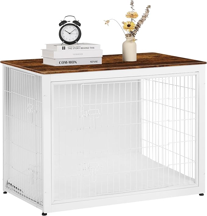 DWANTON Dog Crate Furniture with Cushion, Wooden Kennel Table with Double Doors, Indoor Dog House, Extra Large Size, 43.3" L, White+Rustic Brown