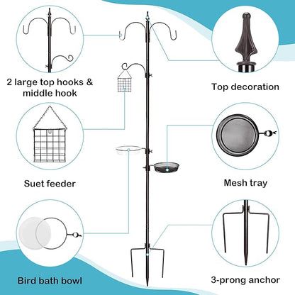 Bird Feeder Stand Pole,77 Inch Feeding Station Kit for Outside, Wild Bird Feeder Hanging Kit with Metal Suet, Bird Bath and Mesh Tray, 3-Prong Base