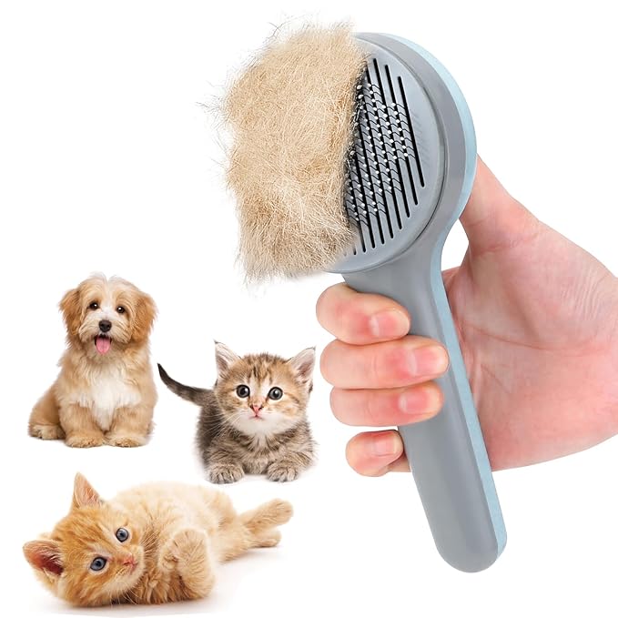 Cat Brush, Self Cleaning Slicker Brushes for Shedding and Grooming, Removes Loose Undercoat, Mats and Tangled Hair, Grooming Comb for Cats Dogs, Little Blue Gray
