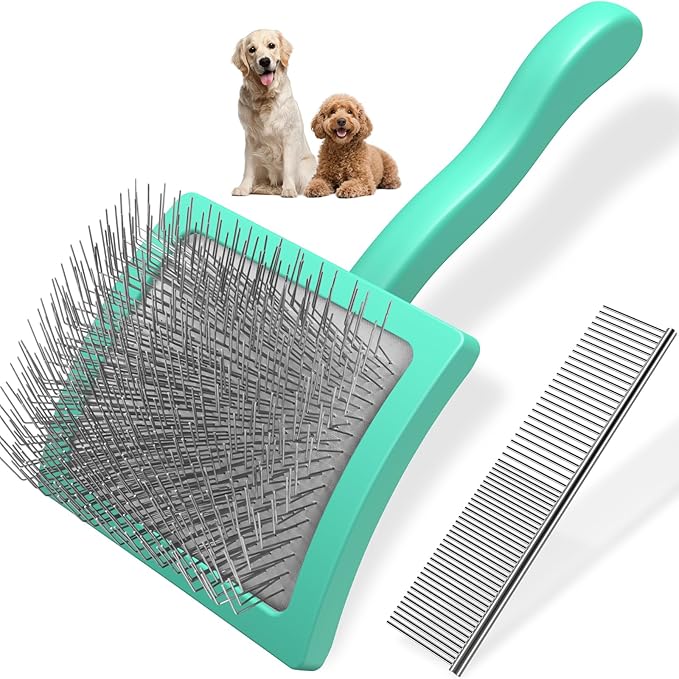 2PCS Slicker Brush for Dogs & Pet Comb,Professional Dog Grooming Brush (Goldendoodles,Poodles,Labradoodles) with Extra Long Pins to Effectively Remove Tangles, Knots and Mats (Cyan Large)