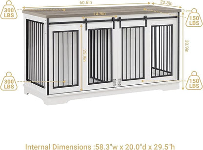 Rovibek 61 Double Dog Crate Furniture for 2 Dogs, Large Double Dog Kennel Furniture TV Stand, Furniture Style Dog Crates End Table, Wood Crates for Dogs Kennel Indoor White