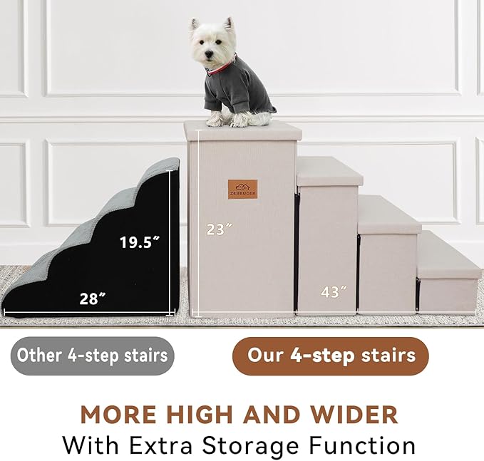 Dog Stairs with Storage 23" H, 4-Step Wider Dog Steps for High Beds Window, Folding Sturdy Pet Stairs Gift for Small/Medium/Large Dogs Cats, Dog Ramp for Climbing Car Hold Up to 200 lbs, Beige Gray