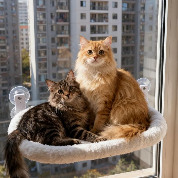Cat Window Perch with Strong Suction Cups, 55lbs Hold Weight Tested, Foldable Cat Window Hammock Bed with Breathable Mesh, All-Season Lounger for Medium Small Cats to Bird Watch & Sunbathe (White, XL)