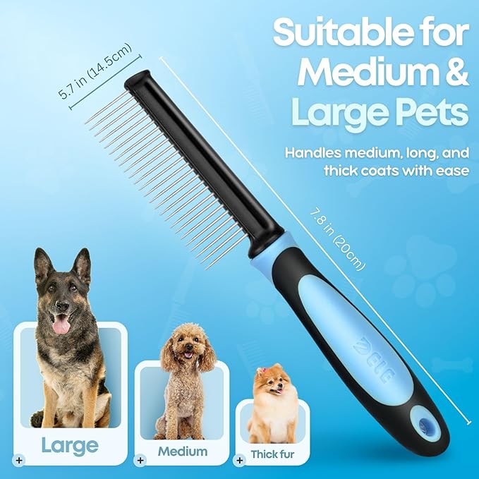 Flexzion Metal Pet Comb for Cats & Dogs - Sturdy Stainless Steel Rounded Teeth with Non-Slip Soft Grip Handle Easy to Use Grooming Detangling Cat Combs for Indoor Cats, Blue