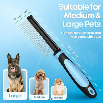 Flexzion Metal Pet Comb for Cats & Dogs - Sturdy Stainless Steel Rounded Teeth with Non-Slip Soft Grip Handle Easy to Use Grooming Detangling Cat Combs for Indoor Cats, Blue
