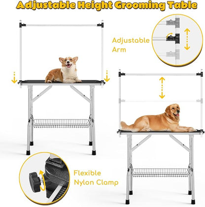 46" Dog Grooming Table, Adjustable Grooming Table for Dogs at Home, Foldable Pet Grooming Table with Arm, Noose, Mesh Tray, Portable Large Dog Grooming Table Maximum Capacity 300 LBS, Black