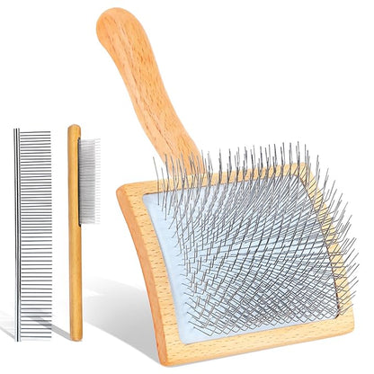 Large Dog Brush for Medium or Long Haired Dogs, Long Pin Slicker Brush for Removes Loose Hair, Tangles and Knots, Best Grooming Brush for Small Animals, Free Pet Comb, Wood