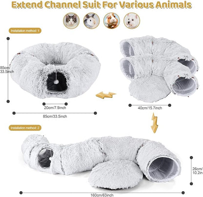 Odoland Cat Tunnel Bed with 20 Cat Toys - Indoor Plush Kitten Couch,Detachable Cats Cave Donut Tunnel & Soft Kitten Toy Set-Cozy Cat Furniture Grey